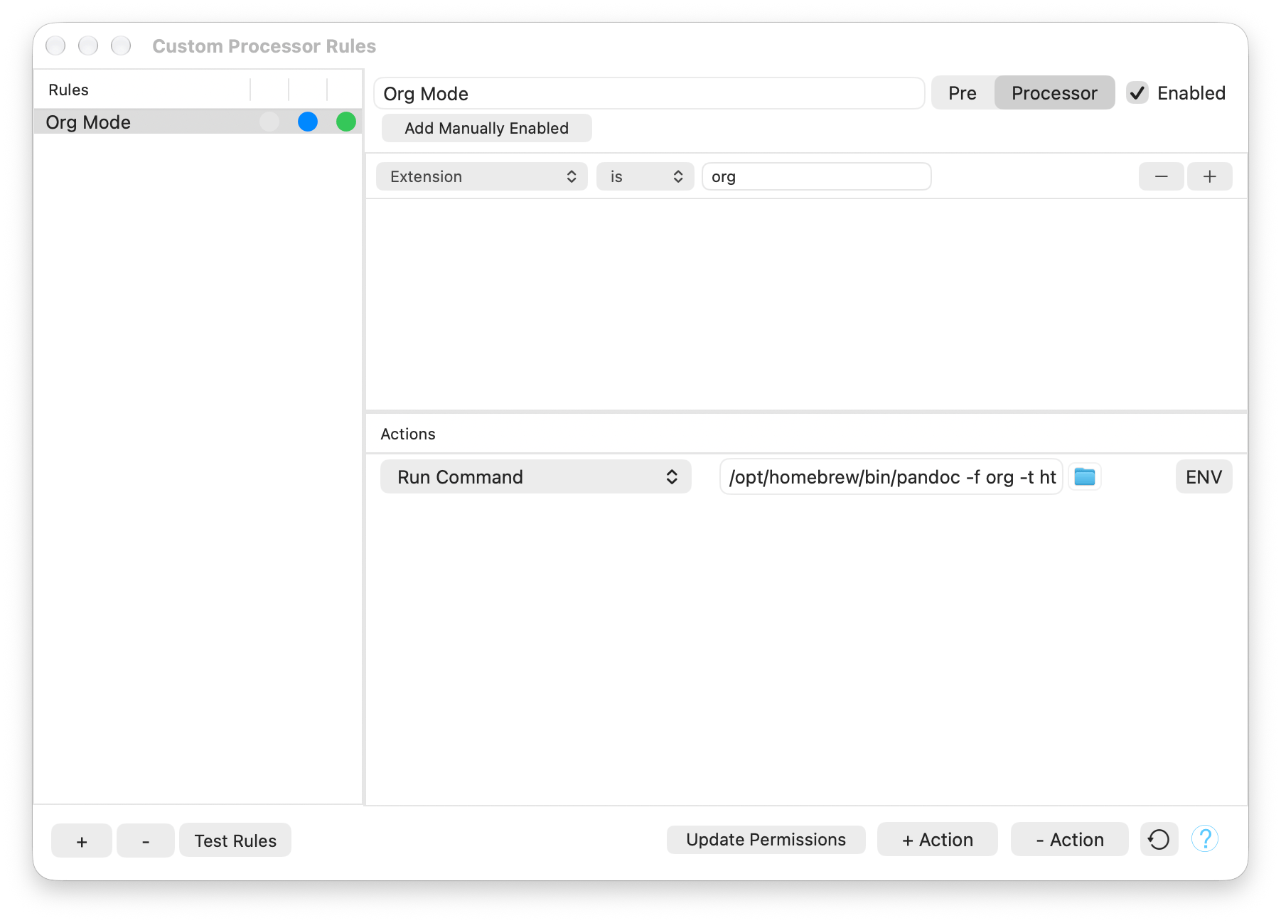Marked 3 configured to use Pandoc to process Org Mode files.