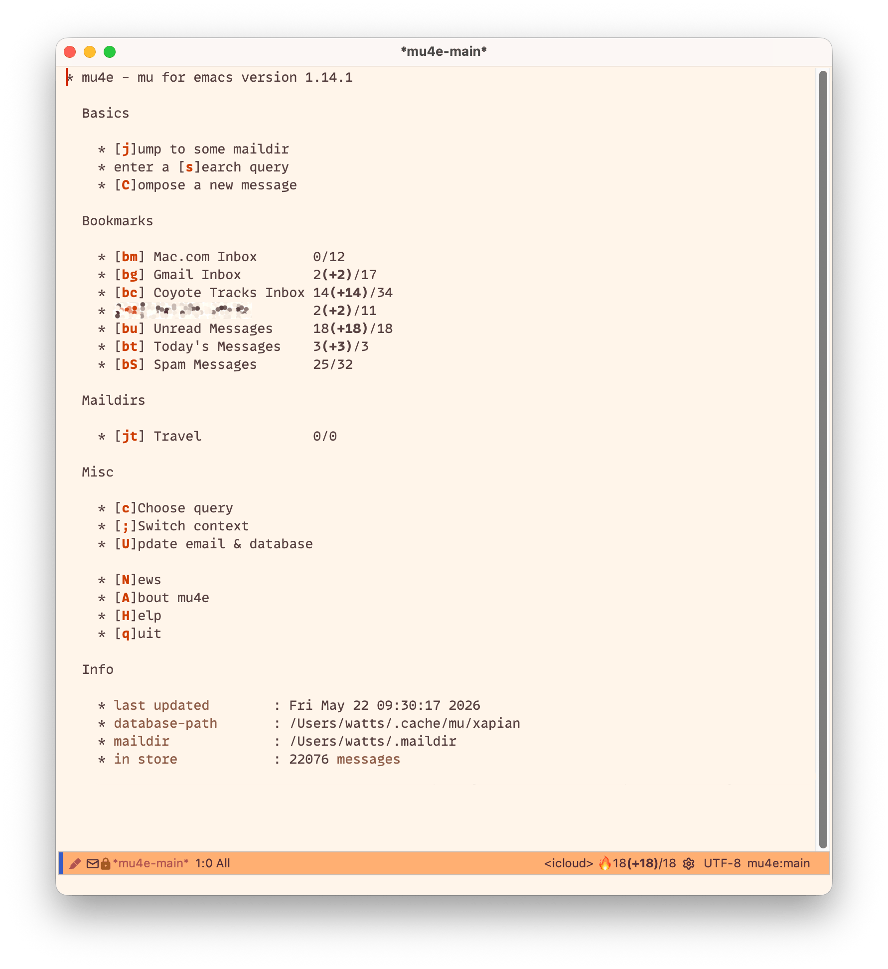 The mu4e home screen in Emacs, a text-only menu listing bookmarks for various inboxes, several search commands, a compose command, and some metadata.