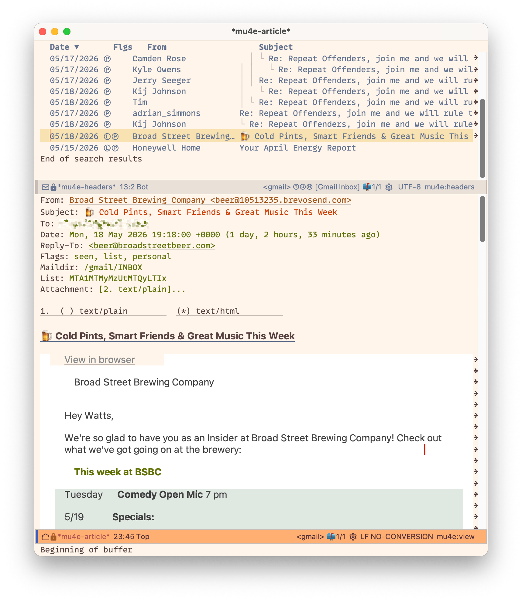 The mu4e message view, showing threaded conversations and an open email message.