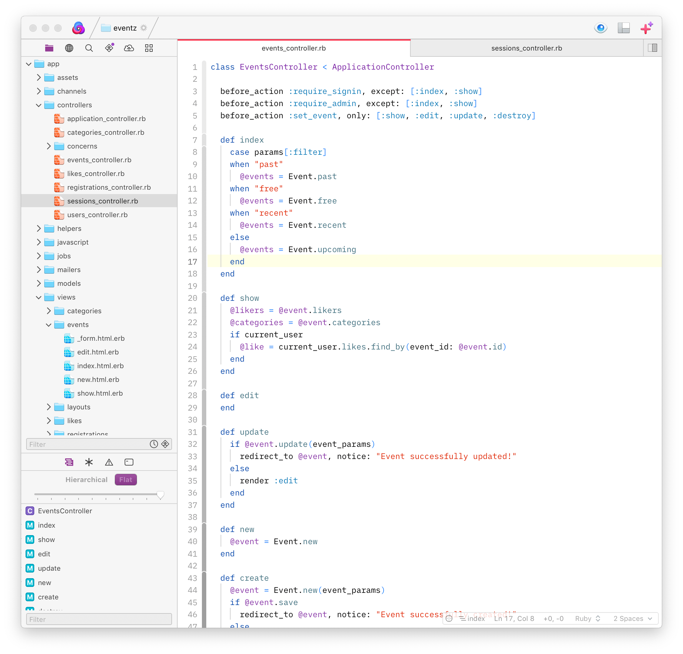 A screenshot of Nova’s main window, showing its sidebar and a Ruby file.