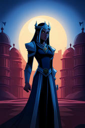 An elven woman dressed in blue, standing in deep shadow with vaguely palace-like shapes behind her in red and what might be a moon in the far background, although it is shaped more like a lightbulb.