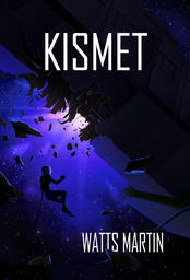 A woman in a spacesuit floating in front of a hole in a spaceship. The scene is dark, lit mostly in purple, with the woman, the debris, and the spaceship in silhouette.