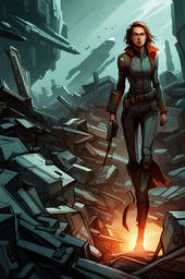 A human woman dressed in grey striding through a bluish-gray field of debris, holding some kind of weapon by her side. One of her boots appears to be on fire.